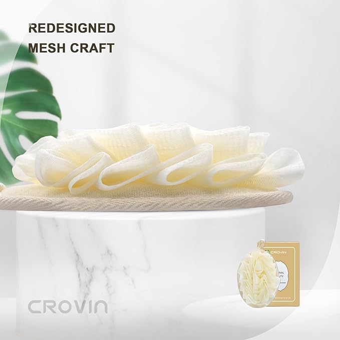 CROVIN Shower Puff 4 Pack Bath Sponge Shower Loofahs Pouf Large 7x5 Premium Exfoliating Mesh Puffs for Women and Men-Elastic Hand Strap Body Brush to Soothe, Cleanse Your Skin