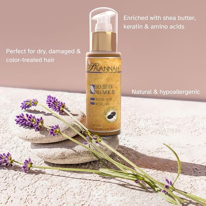 Savannah Hair Therapy Hair Oil with Shea Butter & Keratin- Restore, Revive, Nourish for Dry, Damaged & Color Treated Hair, 3.38 Fl Oz/100 ml