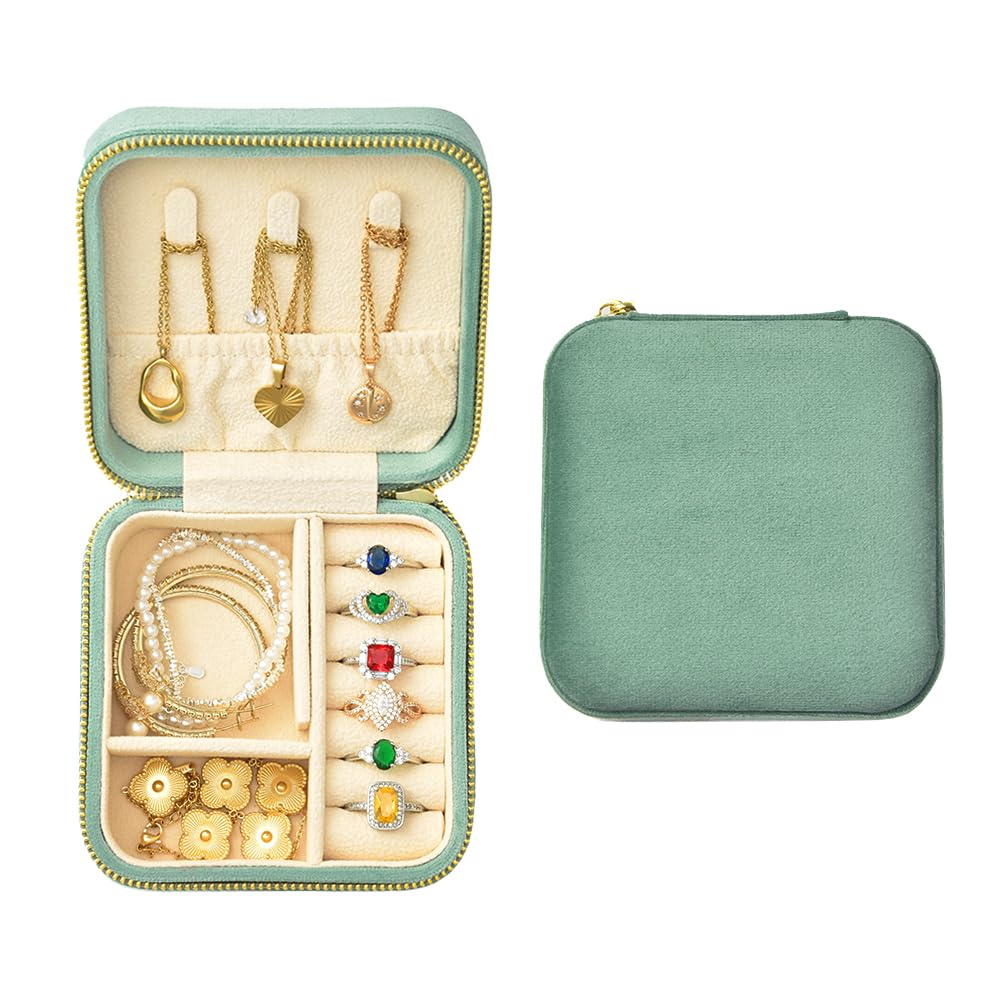TAIMY Travel Jewelry Case, Small Plush Velvet Jewelry Box for Women and Girls, Portable Jewelry holder organizer for Rings Earrings Necklaces Bracelets(Mint)