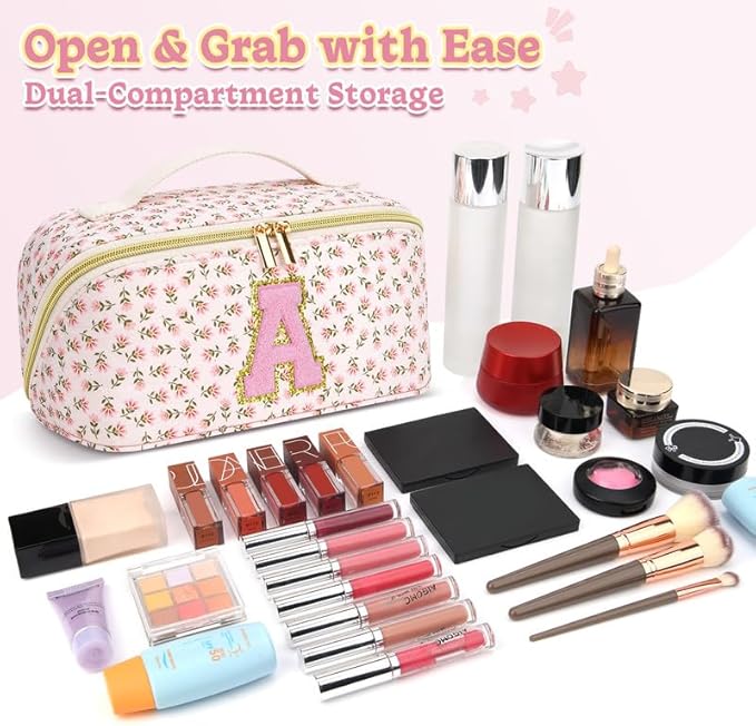 Personalized Travel Makeup Bag Set,Initial Travel Cute Floral Makeup Organizer Bag,Toiletry Skincare Cosmetic Bag,Christmas Gifts for Women/Girls,Open Flat Toiletry Pouch with Brush Pocket-X