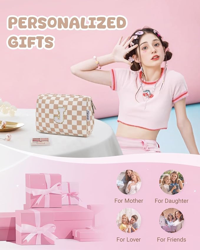 Narwey Birthday Gifts for Women Teen Girls Kids Personalized Initial Checkered Makeup Bag Cute Cosmetic Bag Trendy Stuff 6 8 10 11 12 13 14 16 18 Years Old Travel Toiletry Bag (Brown Letter J)