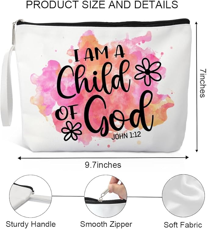 Xipromi I Am A Child Of God Makeup Bag, Funny Cosmetic Bag for Goddaughter, Inspirational Gifts for Christian, Baptism Gifts for Godchild, First Communion Gifts, Catholic Gifts for Women