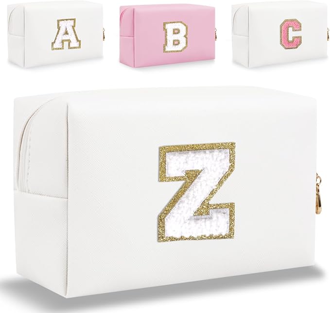 HENGNI Small Personalized Letter Makeup Bag, Cute PU Leather Chenille Letters Cosmetic Bag Travel Makeup Pouch, Preppy Travel Organizer Zipper Pouch for Women&Girls（White-Z）
