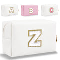 HENGNI Small Personalized Letter Makeup Bag, Cute PU Leather Chenille Letters Cosmetic Bag Travel Makeup Pouch, Preppy Travel Organizer Zipper Pouch for Women&Girls（White-Z）