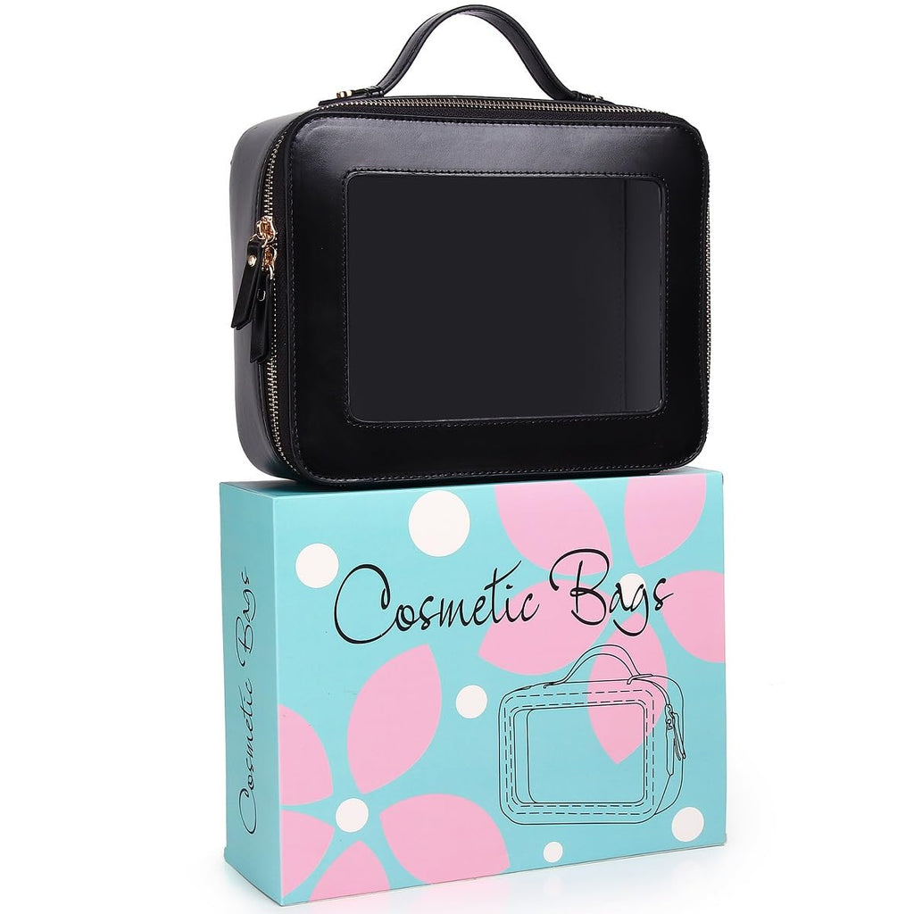 Pinkmik Clear Makeup Bag for Women Waterproof Travel Cosmetics and Toiletries Case Portable Makeup Oaganizer Bag Clear Car Bag with Zipper (Black, M+L-1)