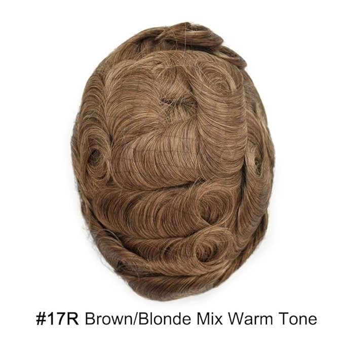 F M FACE MIRACLE NEW YORK Mens Toupee Human Hair Piece French Lace Toupee for Man Hair System Indian Human Hair Replacement Systems V-Looped PU Front Hairpieces 6"X8" 17R#BROWN/BLONDE MIX WARM TONE