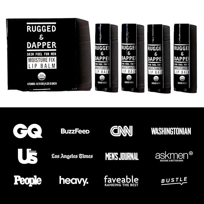 RUGGED & DAPPER Lip Balm for Men - Certified Organic + Natural Ingredients - 4 Pack - Hydrating Mens Chapstick -