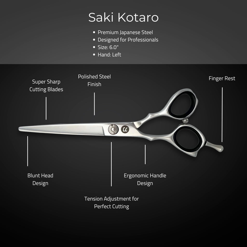 Left Handed Set of Hair Cutting Shears - Saki Kotaro - Made from Japanese 440C Steel - 6 Inch Set Includes Left Hair Scissors, Left Thinning Shears, Razor and Leather Shears Case
