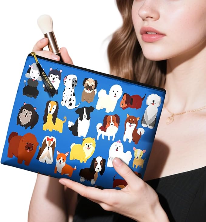 GEGEPINK Cute Makeup Bag for Purse Waterproof Cosmetic Bags for Women Funny Smooth Zipper Travel Toiletry Pouch 10X8 Inches-Cute Animal Dogs Makeup pouch