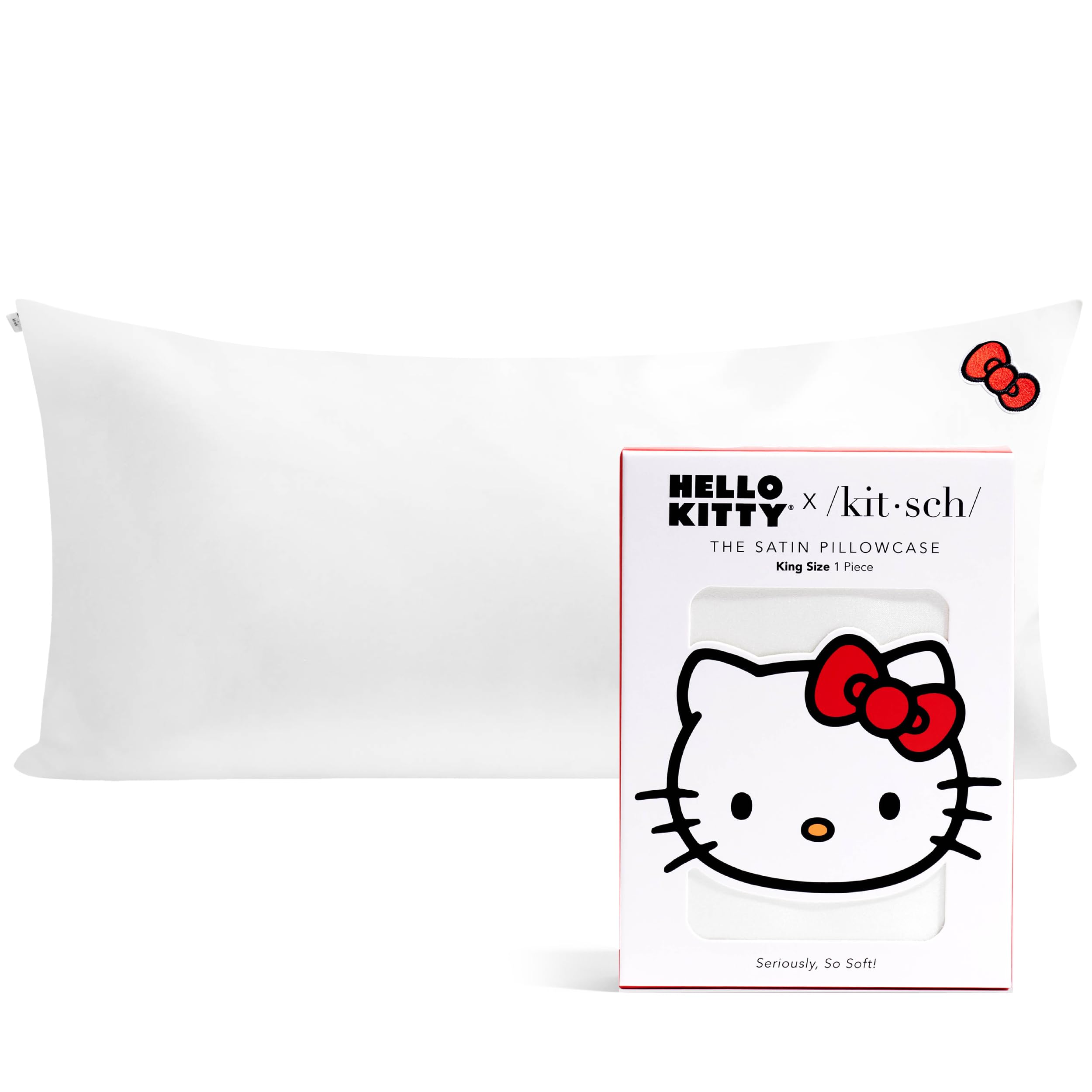 Kitsch x Hello Kitty Satin Pillowcase - Size 19x36, Solid Ivory Kitty Bow