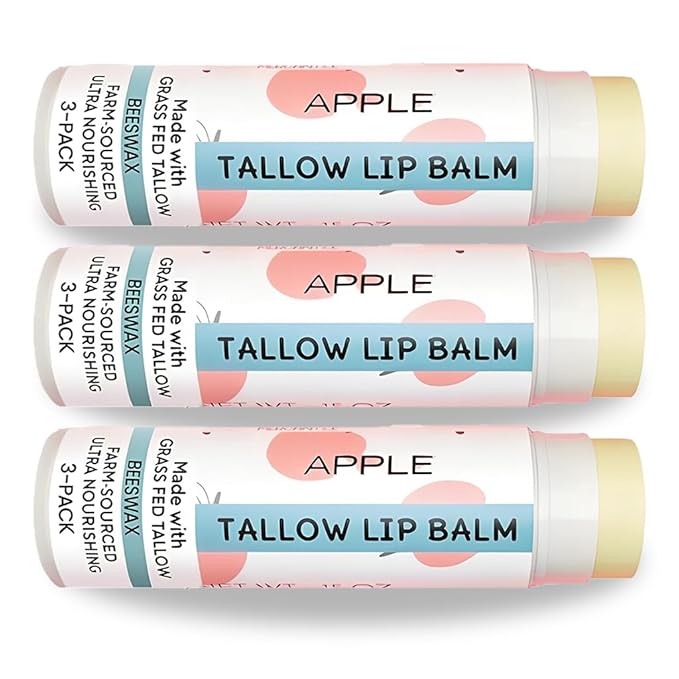 Tallow Lip Balm by Cattle Creek – All-Natural Ingredients, Long-Lasting Moisture and Hydration for Dry, Cracked, and Chapped Lips, Soothing Formula for Soft Skin (Pack of 3, Apple)