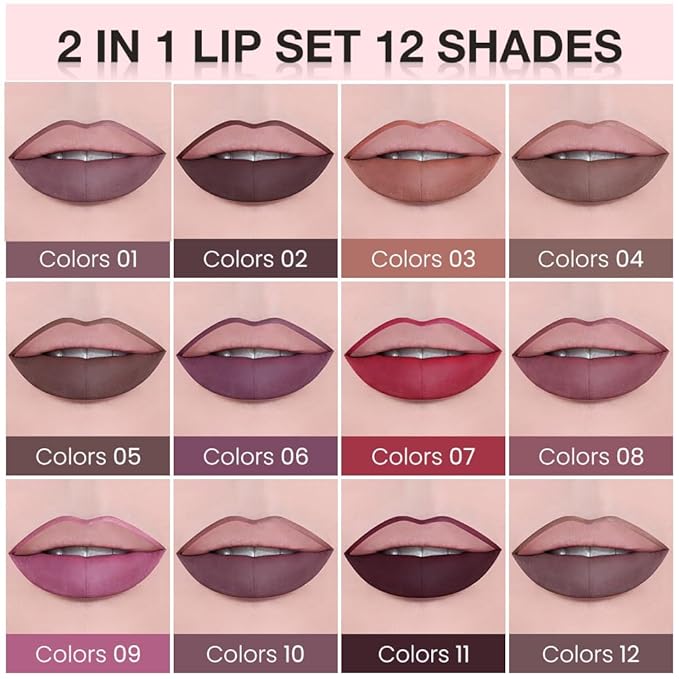 AMY'S DIARY 2pcs Matte Dark Red Lip Liner & Lipstick&Shiny Clear Lip Oil Makeup Set, Liquid Lipstick 24H and Lip Liner Set Matt Liquid Lips Make Up Waterproof Long Lasting (01#, 2 Pcs Set)