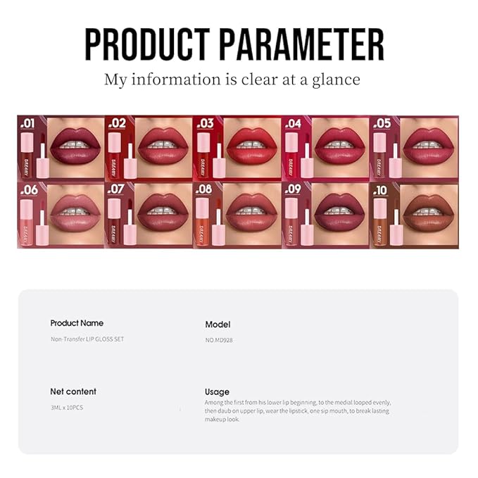 Hxssll Matte Lip Stain – High Pigment Non-Transfer Matte Liquid Lipstick, Long-Lasting Waterproof Smudge-Proof Lip Color, Lightweight Comfortable Velvet Finish Lip Tint 01#（10PCS）