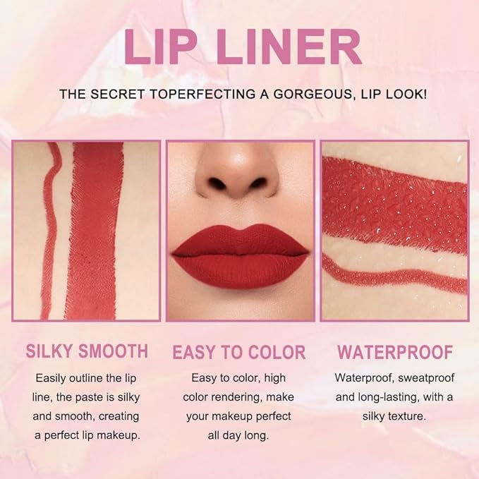 HHLTOH 2-in-1 Ruby Red Matte Lip Liner and Lipstick Combo, Red Lipsticks for Women 24 hour Long Lasting Waterproof Smudge Proof, Easy to apply, Everyday Lips Makeup 01