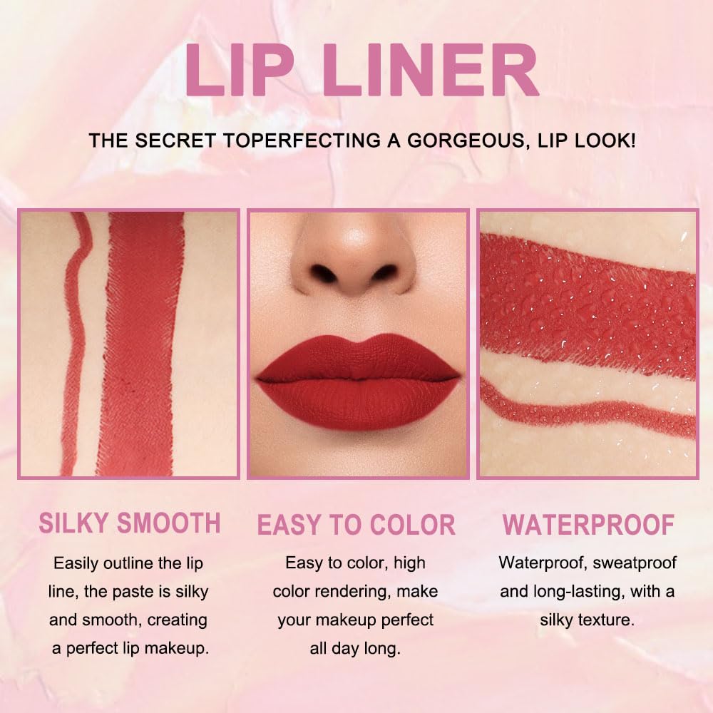 HHLTOH 2-in-1 Ruby Red Matte Lip Liner and Lipstick Combo, Red Lipsticks for Women 24 hour Long Lasting Waterproof Smudge Proof, Easy to apply, Everyday Lips Makeup 01