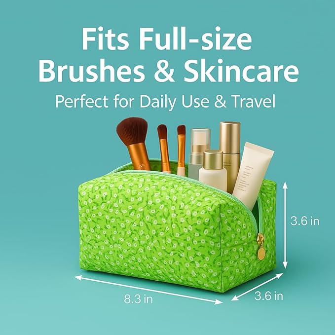 OIMEI Floral Quilted Cotton Makeup Bag for Women, Large Capacity Travel Cosmetic Pouch with Zipper, Cute Toiletry & Brush Organizer, Kawaii Makeup Storage Case – Green Floral