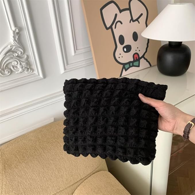 Flat Makeup Bag for Women,Zipper Cosmetic Pouch for Purse,Bubble Black