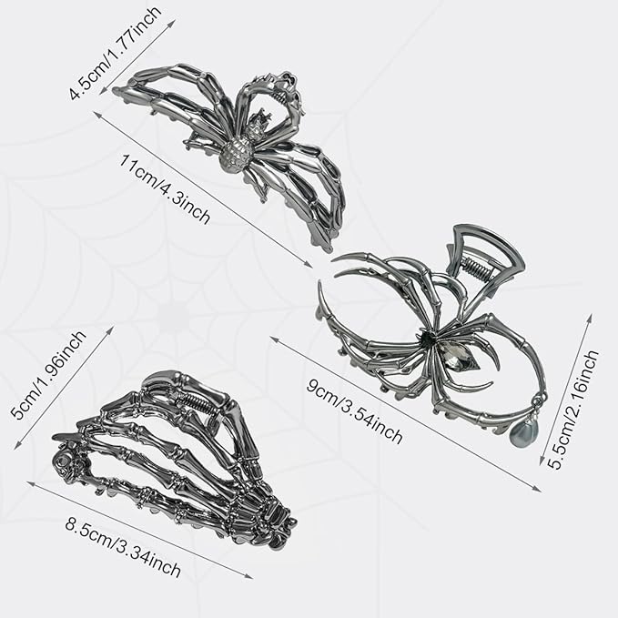 Parcce 3 Pieces Large Metal Spider Net Hand Hair Claw Clips for Women and Girls Thick Long Hair, Nonslip Skeleton Spooky Barrette Headband Hair Styling Accessories for Halloween