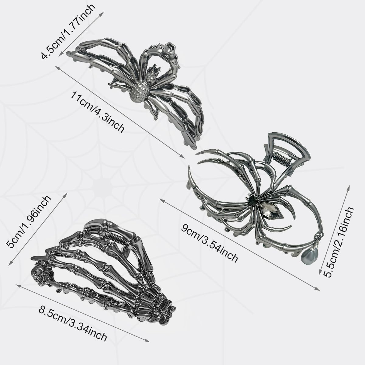 Parcce 3 Pieces Large Metal Spider Net Hand Hair Claw Clips for Women and Girls Thick Long Hair, Nonslip Skeleton Spooky Barrette Headband Hair Styling Accessories for Halloween