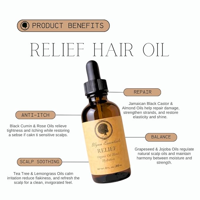 Wynn Essentials Relief Oil, Organic Scalp Treatment, Soothing Formula for Dry, Itchy, Dandruff-Prone Scalp with Almond, Jojoba, Avocado, Tea Tree and Black Castor Oil