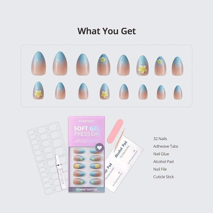 BTArtbox Press On Nails, Garden Party, Short Almond, Blue 3D Flower, 32Ct