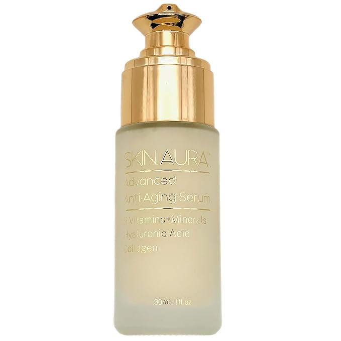 SKIN AURA™ Advanced Anti-Aging Serum | All-In-One Sensitive Formula for Wrinkles, Fine Lines & Age Spots | Plant Derivative with Hyaluronic Acid, Collagen Peptides, 5 Vitamins + Minerals - 30ml (1oz)