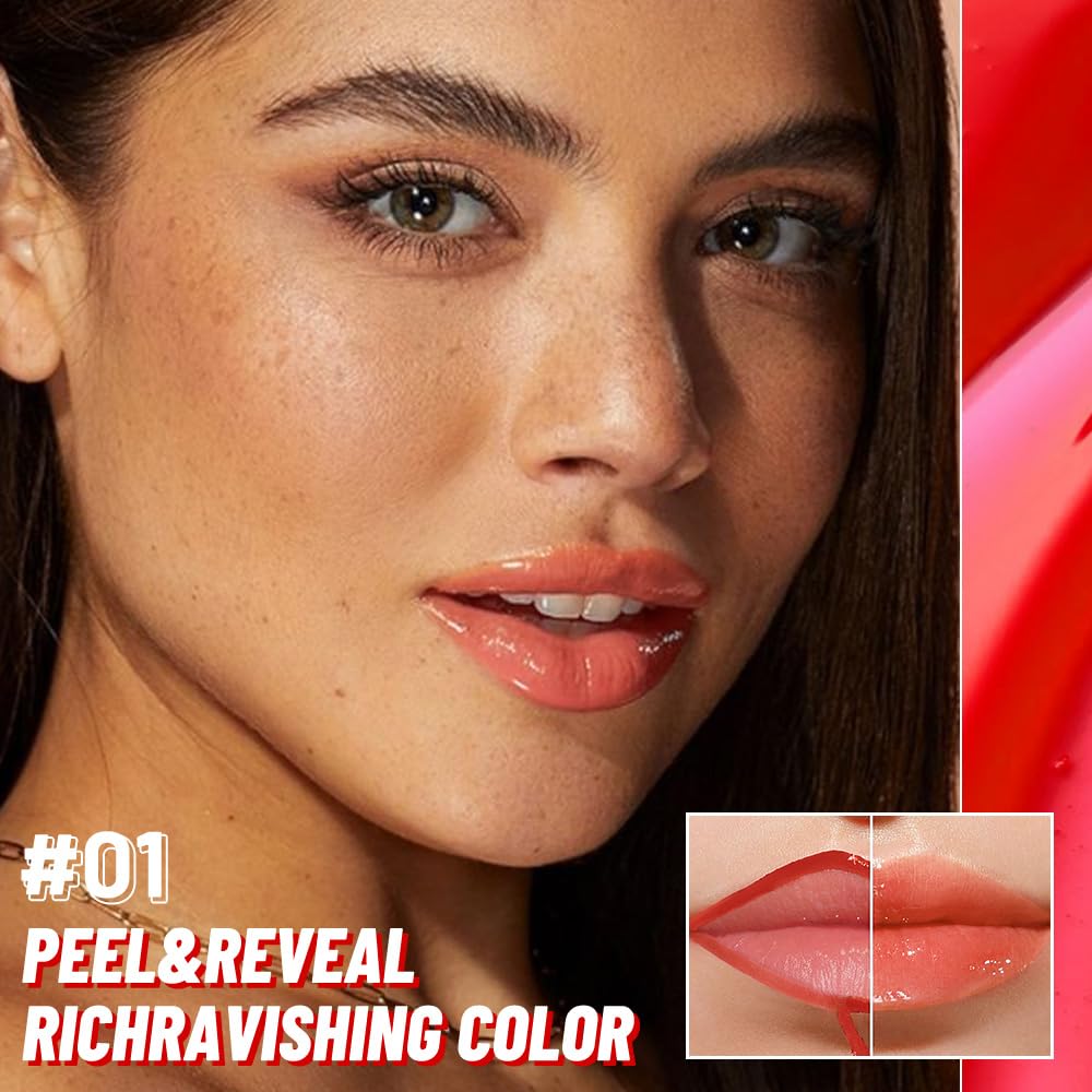 JUAAZIN Vivid Apricot Lip Stain Peel Off Lip Gloss oil Dual-Ended Combo, Lips Liner Stain Peel Off Tattoo, Long Lasting & Waterproof, Transfer-Proof Lip Tint Stain with Lip oil for All Skin Type 01#