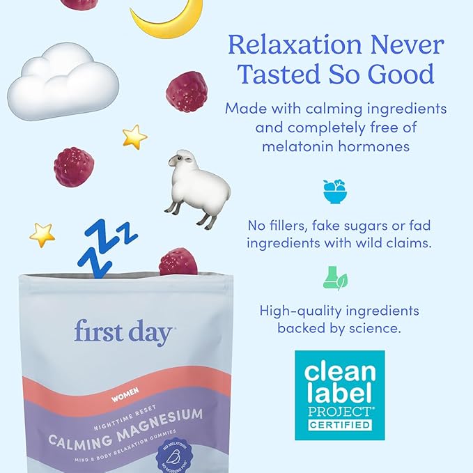 FIRST DAY Magnesium Gummies for Women, L-Theanine, Melatonin-Free, 60ct