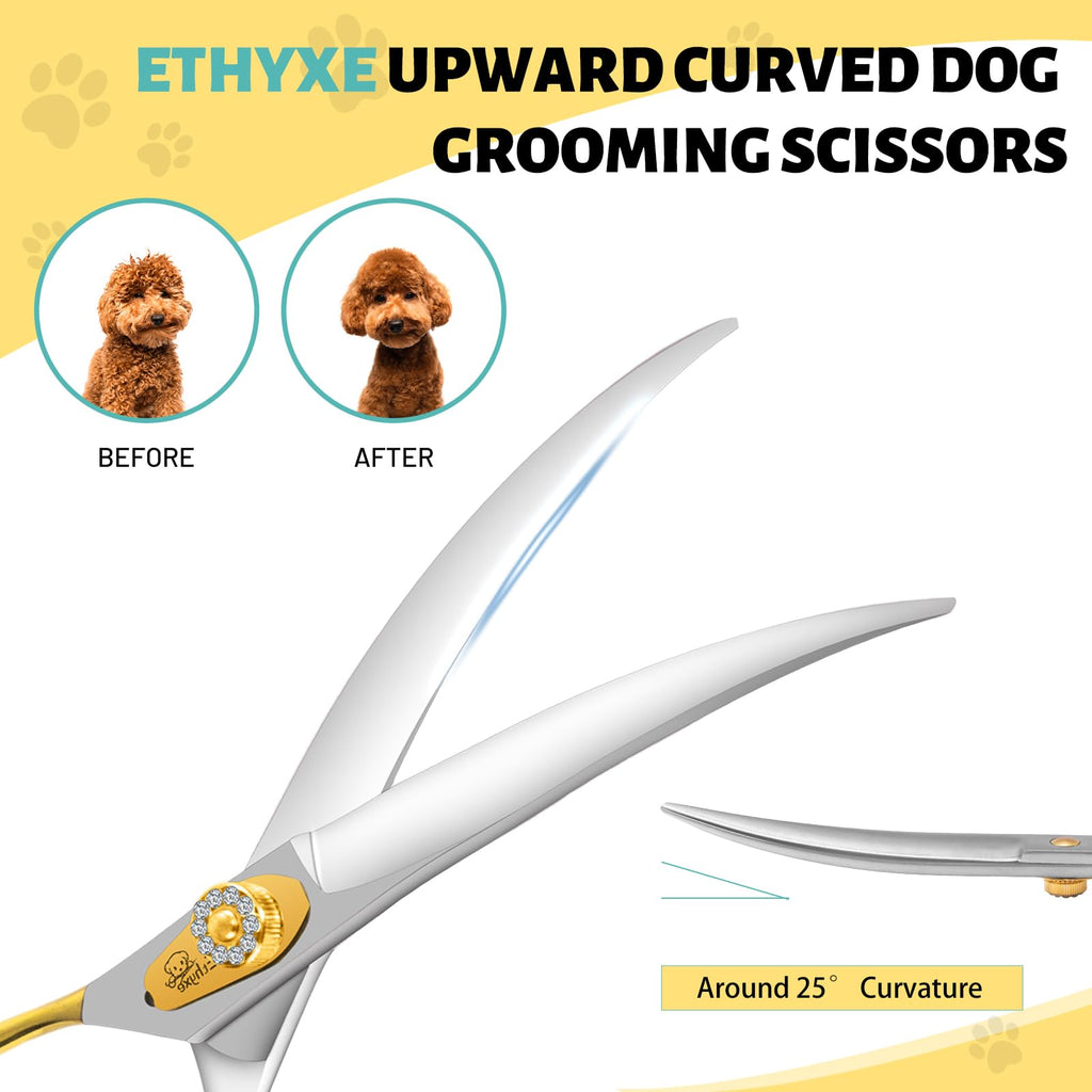 Ethyxe 7 Inch Curved Dog Grooming Scissors Made Of 440C Stainless Steel Professional Downward Curved Pet Face Trimming Shears with Jewelled Screw, Sharp & Comfortable for Groomers