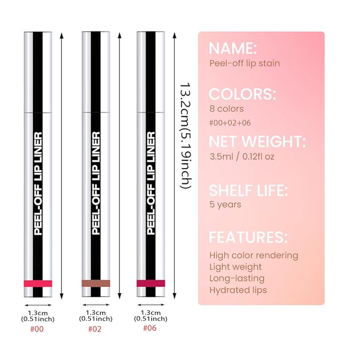 Hxssll 3 Pcs Matte Liquid Lip Stain Peel Off Lip Liner, Long Lasting Lip Tattoo, Waterproof & Transfer-Proof Lip Liner Peel Off Lip Gloss for All Skin Types.#00+#02#06