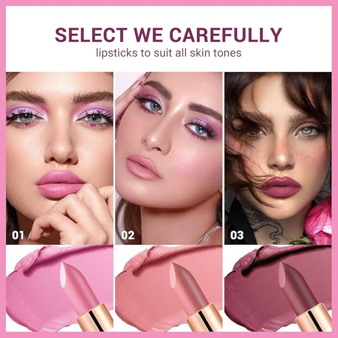 CAKAILA 3Pcs Nude Pink Purple Mauve Lavender Lip Stick,Matte Cream Lipstick Set for Women,Long Lasting Waterproof Smudge Proof Velvet lipsticks Crayon,Lip Makeup Kit Travel Size,Vegan & Cruelty-free