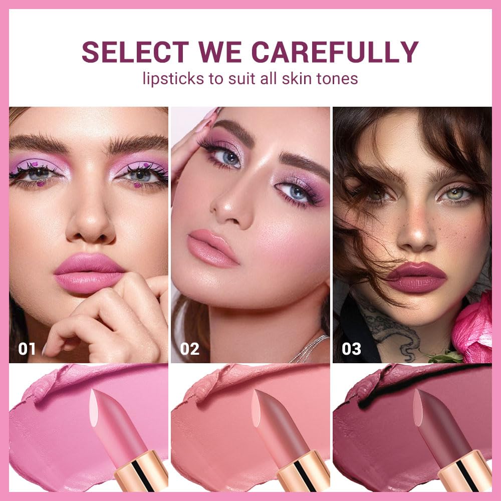 CAKAILA 3Pcs Nude Pink Purple Mauve Lavender Lip Stick,Matte Cream Lipstick Set for Women,Long Lasting Waterproof Smudge Proof Velvet lipsticks Crayon,Lip Makeup Kit Travel Size,Vegan & Cruelty-free