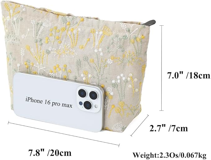 BBORGDC Floral Cotton Embroidered Makeup Bag - Large Capacity Cosmetic Pouch for Travel, Makeup Organizer & Toiletry Bag with Zipper, Perfect for Daily Use & Gifts