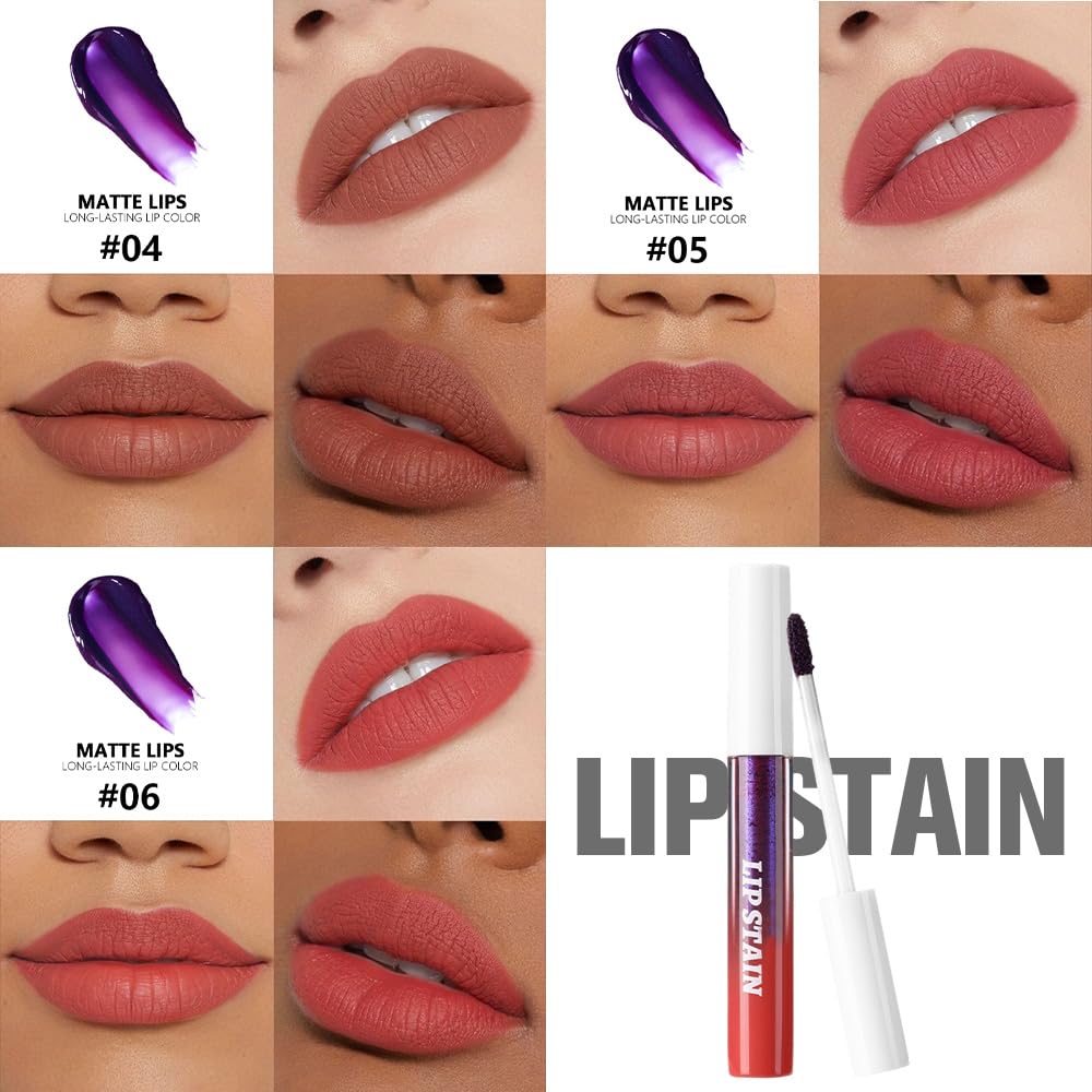 evpct 3Pcs Nude Brown Brownish Red & Orange Red Peel Off Lip Stain Tints, Matte Liquid Lipstick Lip Stain Long Lasting Waterproof for Women, Longwear Lipstick Peel Off Highly Pigmented Easy to Apply