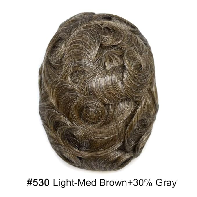 F M FACE MIRACLE NEW YORK Toupee for Men French Lace Human Hair Replacement Systems Lace Center with Poly Around Hair Piece Mens Toupee Hair Units for Man V-Looped Front Male Hair Units 6"X8" #530