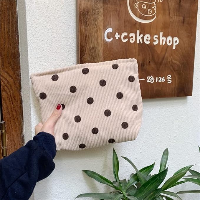 Flat Makeup Bag for Women,Zipper Cosmetic Pouch for Purse,Polka Dot Beige