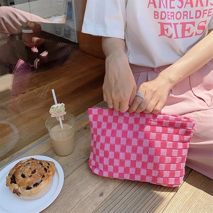 PAZIMIIK Checkered Makeup Bag for Purse, Small Flat Cosmetic Pouch,Hotpink