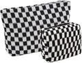 FFpaw 2 Pieces Makeup Bag Set, Small Black Checkered Cosmetic Bag Travel Toiletry Organizer Mini Cosmetic Pouch Case Makeup Brushes Cute Quilted Aesthetic Accessories Storage Bag for Women