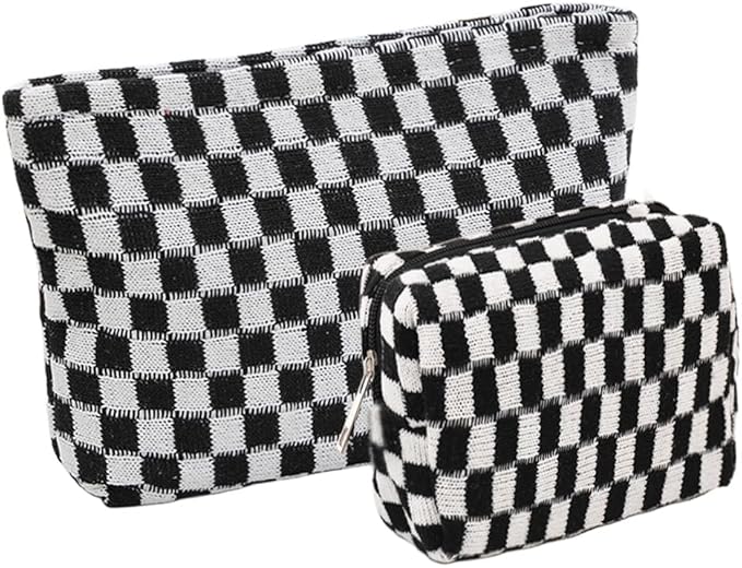 FFpaw 2 Pieces Makeup Bag Set, Small Black Checkered Cosmetic Bag Travel Toiletry Organizer Mini Cosmetic Pouch Case Makeup Brushes Cute Quilted Aesthetic Accessories Storage Bag for Women
