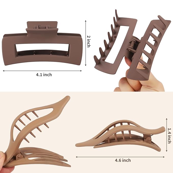 CHANDAT Hair Clips for Women 4.3 Inch Large Hair Claw Clips 8 pcs Square Claw Clips & Flat Hair Clips for Thick or Thin Hair French Concord Hair Barrettes Alligator Hair Accessories for Women (Brown)