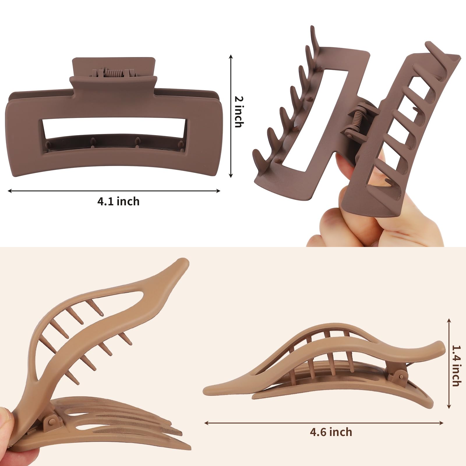 CHANDAT Hair Clips for Women 4.3 Inch Large Hair Claw Clips 8 pcs Square Claw Clips & Flat Hair Clips for Thick or Thin Hair French Concord Hair Barrettes Alligator Hair Accessories for Women (Brown)