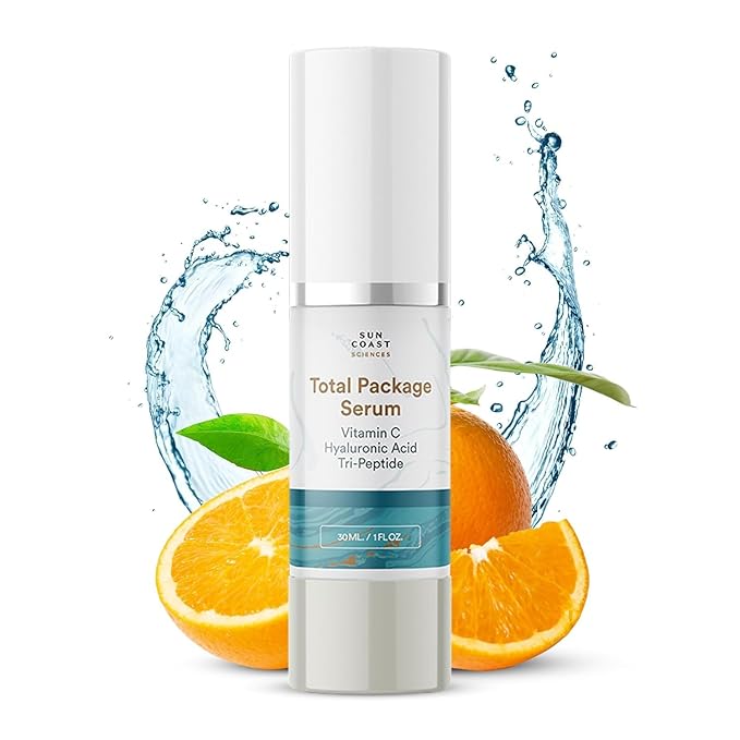 Sun Coast Sciences - Total Package Serum - Vitamin C Serum with Hyaluronic Acid & Peptides for Face - Hydrating Anti Aging Face Serum for Smoother, Firmer Looking Skin - 1 Fl Oz (Pack of 4)