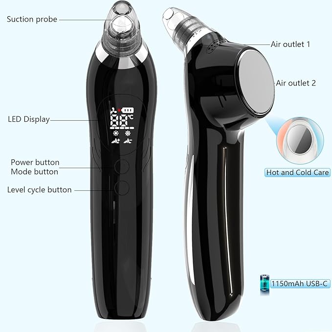 SJIE Blackhead Remover Vacuum Face Suction Pore Cleaner with Hot&Cold Compress Positive&Negative Ion Massage Nose Whitehead Remover Pimple Sucker with 5 Probes Pore Extractor Tool… (Black)