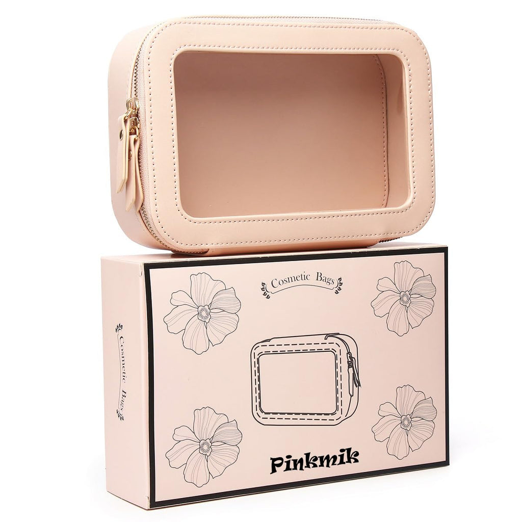 Pinkmik Clear Makeup Bag Transparent Travel Case for Cosmetics and Toiletries Women's Clear Car Bag with Zipper (Pink, Small)