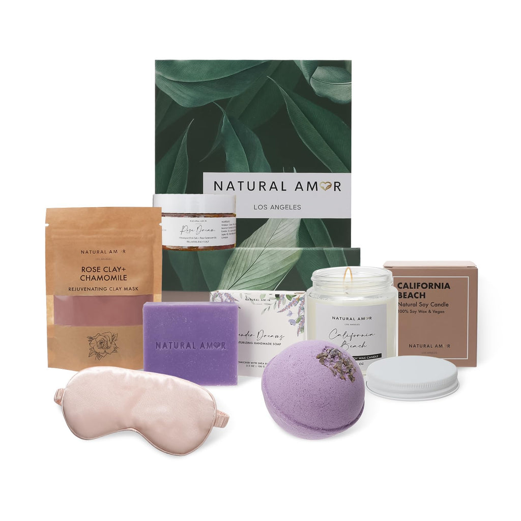 Natural Amor Handmade Bath Body Gift Set,6 pcs Self Care Gift for Women,Includes Soap Bar, Bath Bomb, Clay Mask, Candle- Thank you Gift for Pampering