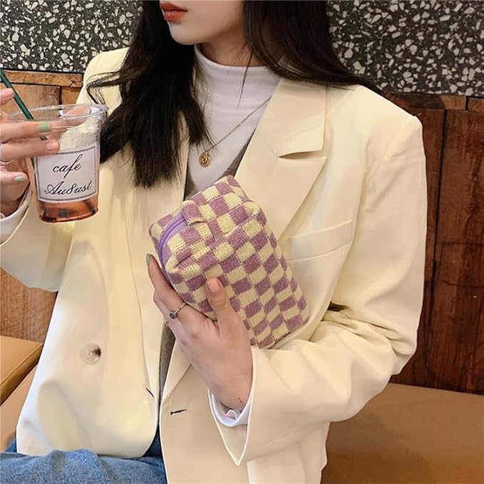 Checkered Makeup Bag for Purse, Small Travel Cosmetic Pouch,Purple,6 Pack