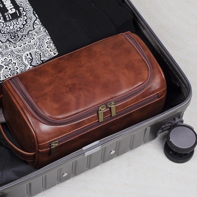joyinaff Personalized Embroidery PU Leather Travel Toiletry Bag for Men,Stylish Travel Organizer for Travel, Wedding Gift,Customized Monogram Travel Shaving Dopp Kit for Groomsmen (Brown)