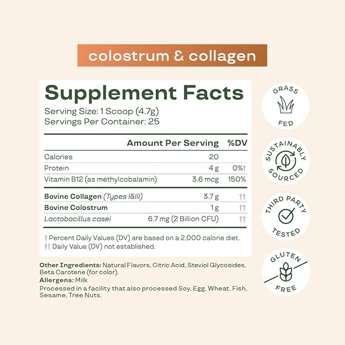 Bloom Nutrition Bovine Colostrum Powder, Orange Cream, 25 Servings