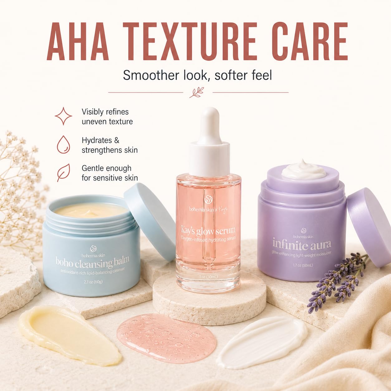 Bohemia Skin Kay’s Glow Serum + Infinite Aura Moisturizer + Boho Cleansing Balm – Oxygen-Infused THDA Vitamin C with Gentle AHA for Face and neck | Hydrates, Soothes and Brightens Bundle