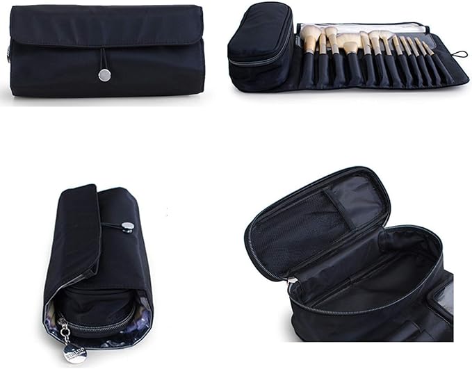 Warmstore Makeup Brush Bag, Travel Makeup Brush Case Makeup Brush Holder Organizer Cosmetic Bag Portable Roll Up Brush Storage Bag for Makeup Brushes and Cosmetic Essentials (Black)